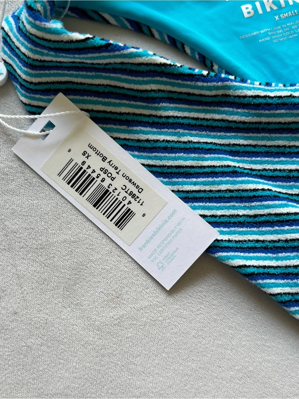 Frankie's Bikinis Teal and Navy Terry Striped Bikini Bottom - XS